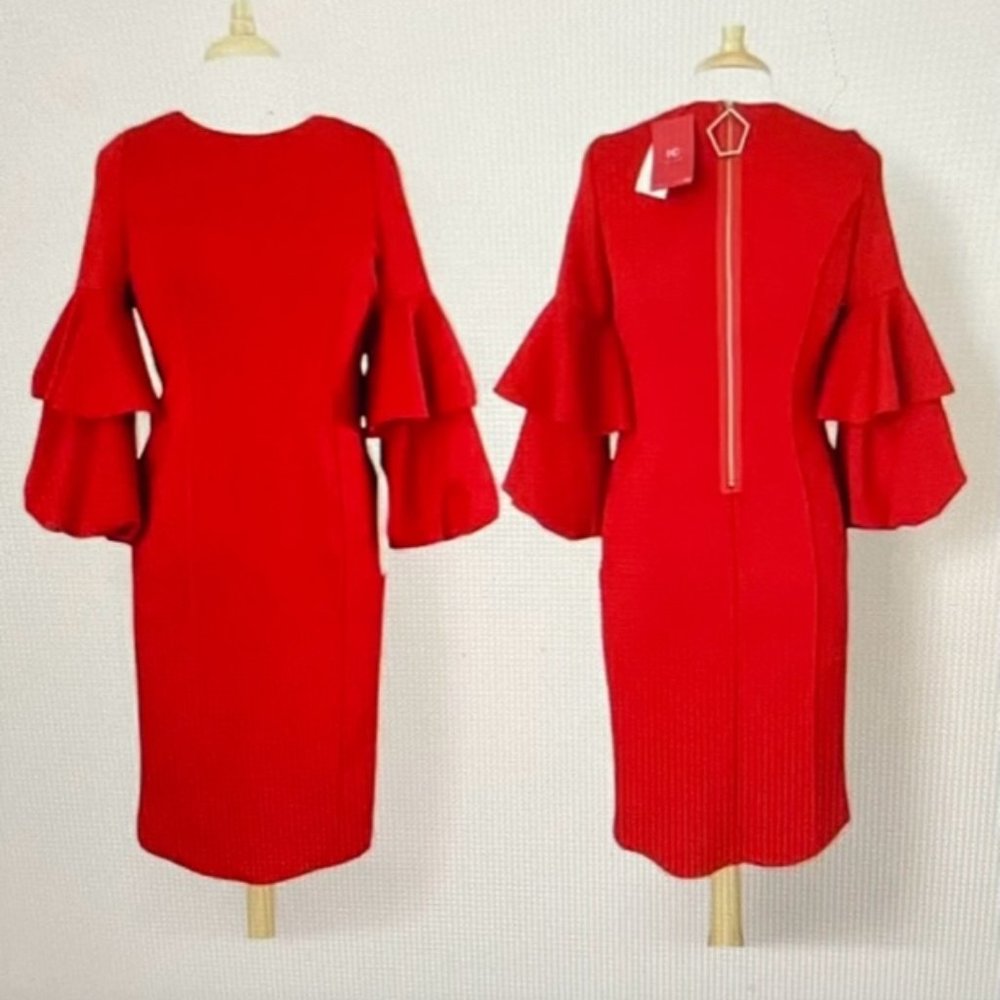 IC by Connie K Red Sheath Dress Sz M Ruffled Bell Sleeve Exposed Zip - New w/Tag
